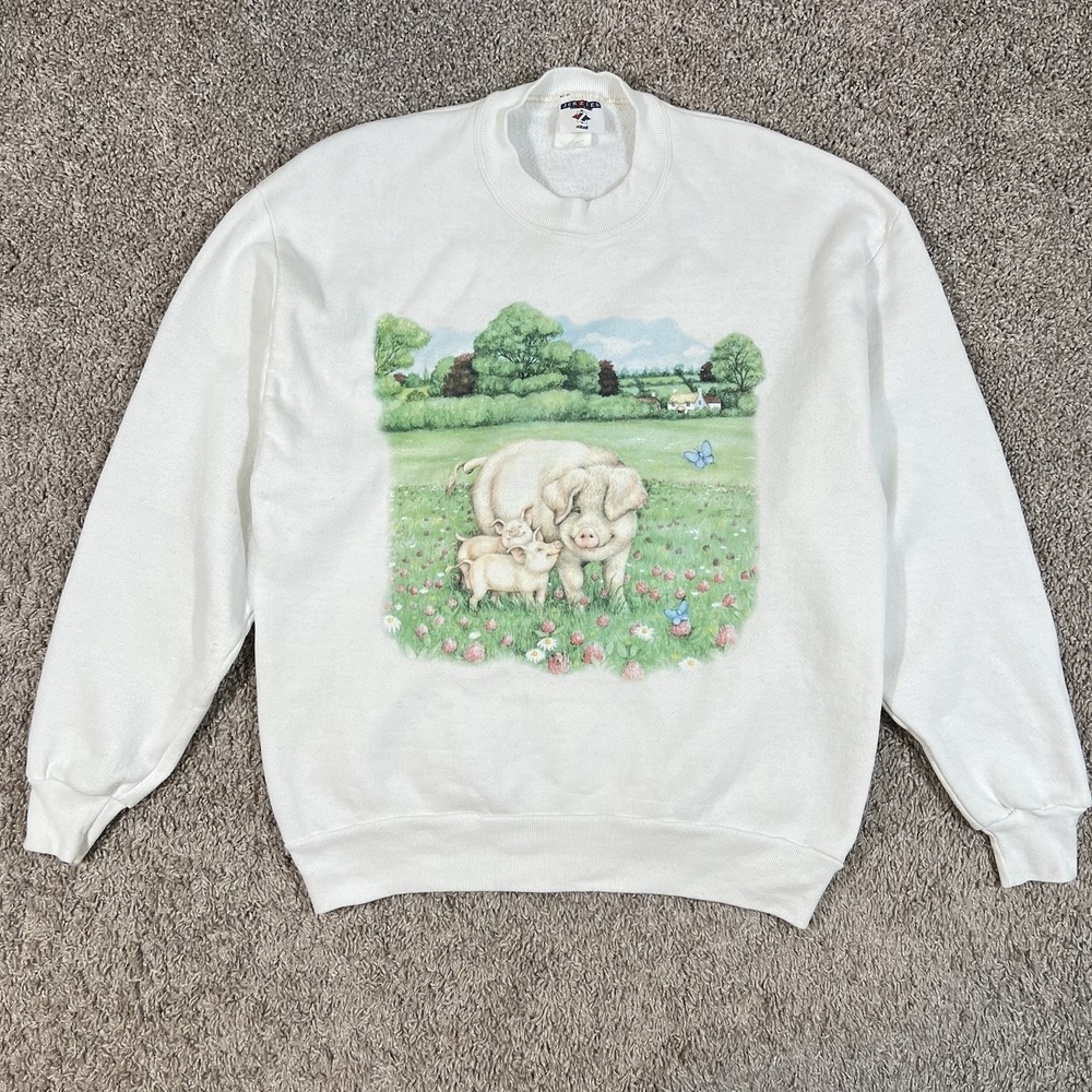 VTG Jerzees Sweatshirt Women's L "Pigs In Bloom" Cottagecore Grannycore '90s